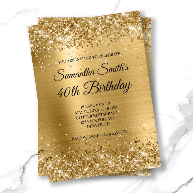 Convites Aniversário do Monograma de Folha Dourada brilhant (Shiny Gold Glitter Brushed Foil Monogram Birthday Invitation)