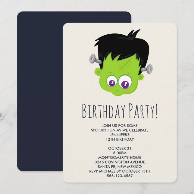 Convites Aniversário do Monstro de Frankenstein Verde Fofo (Frente/Verso)