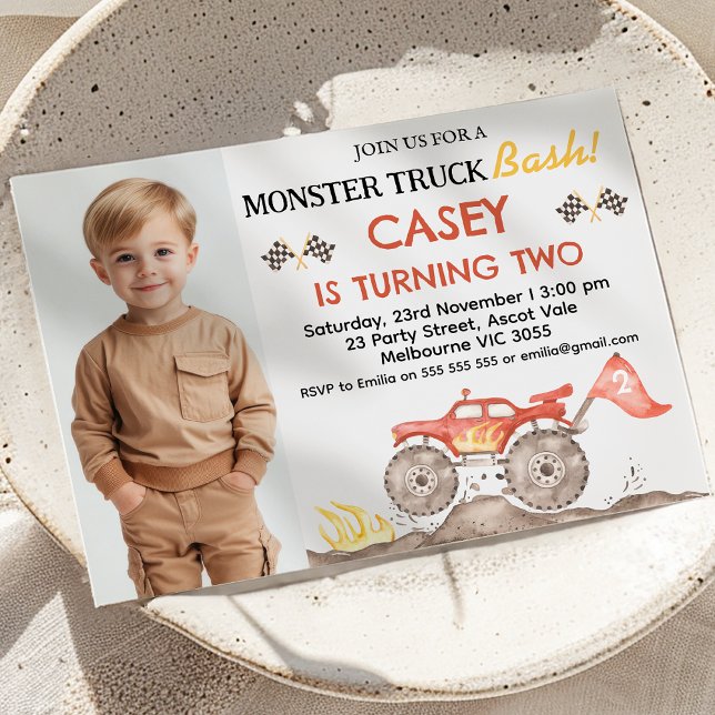 Convites Aniversário do Monstro do Monstro de Fotos Vermelh (Monster Truck Bash Birthday Invitation With Photo, Boys Red Monster Truck Birthday Invite Any Age)