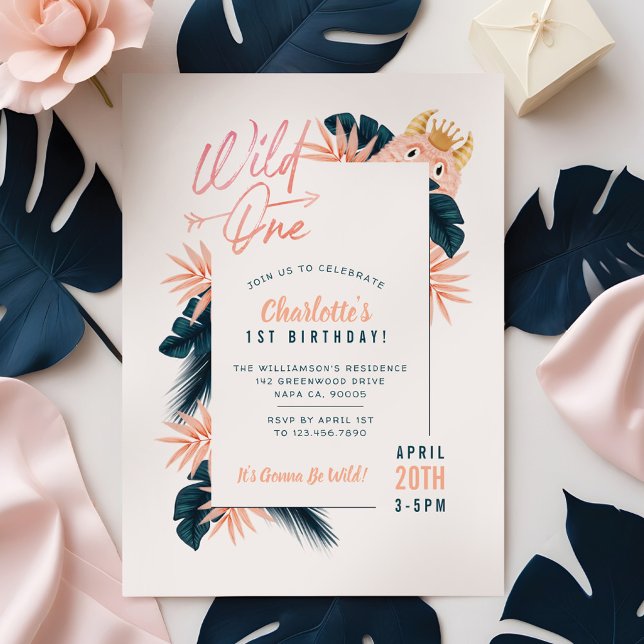 Convites Aniversário do Monstro Rosa Rosa Selvagem Tropical (Wild One Tropical Jungle Pink Monster Birthday Invitation)