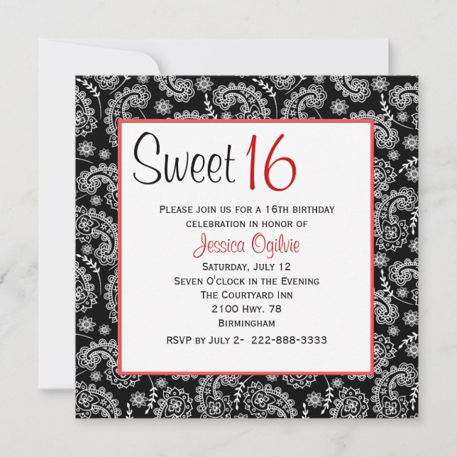 Convites Aniversário do Na moda Black & White Paisley Sweet (Frente)