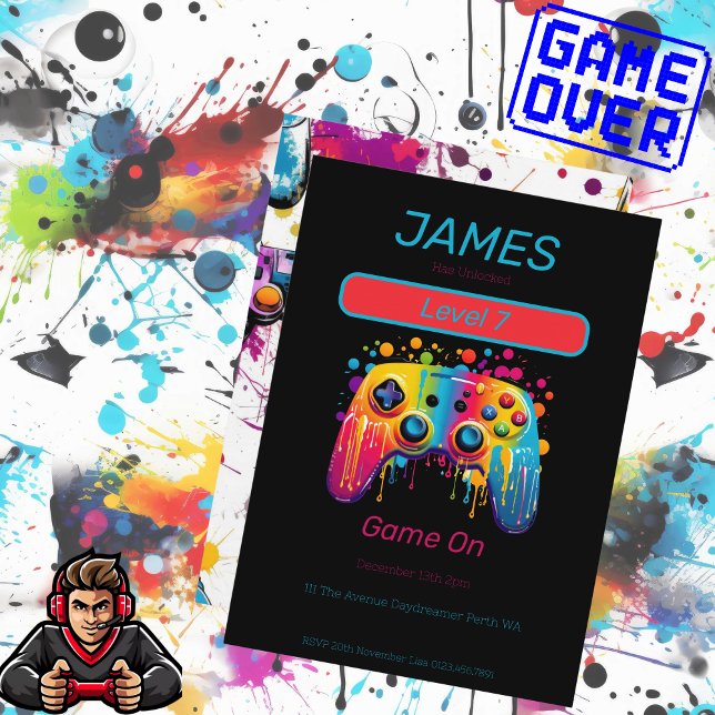 Convites Aniversário do Nível 7 do Controlador de Jogo de V (Video Control Level 7 Birthday Invitation)