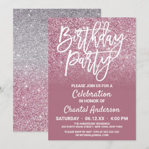 Convites Aniversário do Ombre Glitter de Prata Rosa do Cha