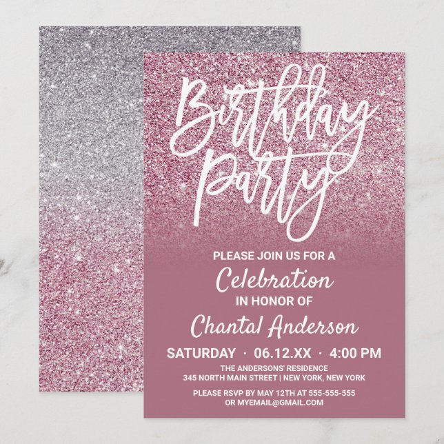 Convites Aniversário do Ombre Glitter de Prata Rosa do Chas (Frente/Verso)