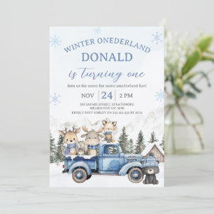 Convites Aniversário do Onederland de Inverno Azul Fofo Edi