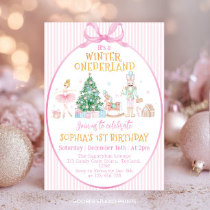 Convites Aniversário do Onederland de Inverno com Laço Rosa