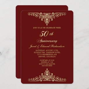 Convites Aniversário do Ouro Vitoriano Dourado Vermelho