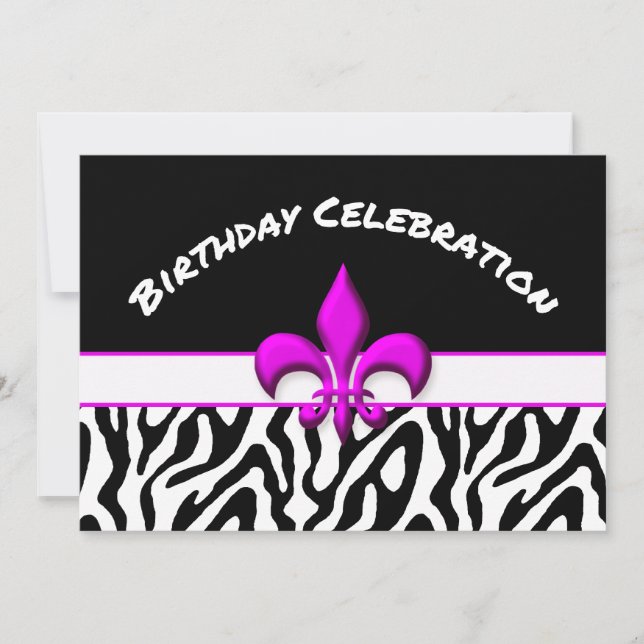 Convites Aniversário do Padrão Fleur de Lis Zebra Rosa (Frente)