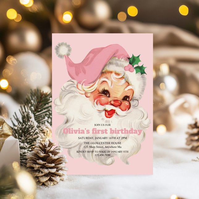 Convites Aniversário do Papai Noel Rosa Retro (Criador carregado)