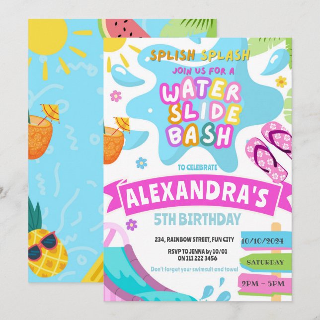 Convites Aniversário do Parque de Slide de Água da Água (Frente/Verso)