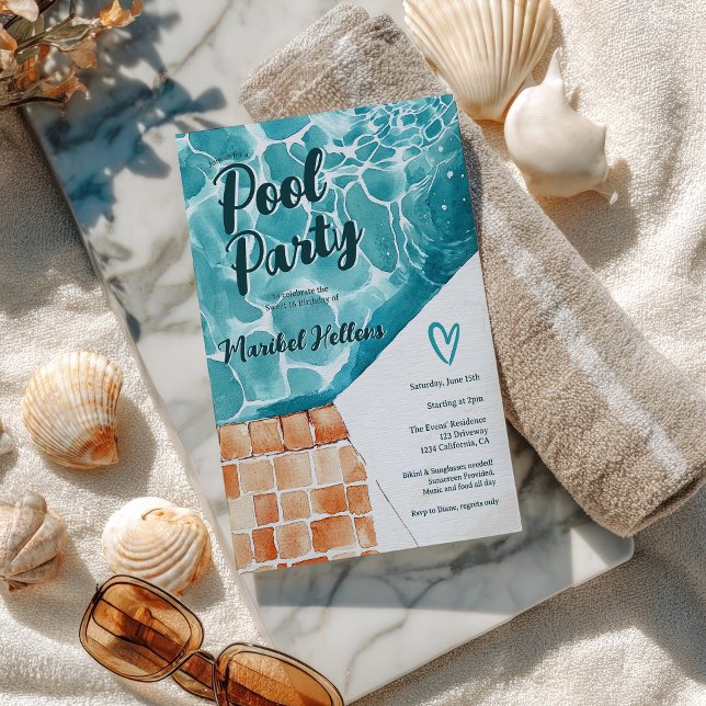 Convites Aniversário do Partido da Piscina 16 da Tropical W (Tropical Watercolor Sweet 16 Pool Party Birthday Invitation)