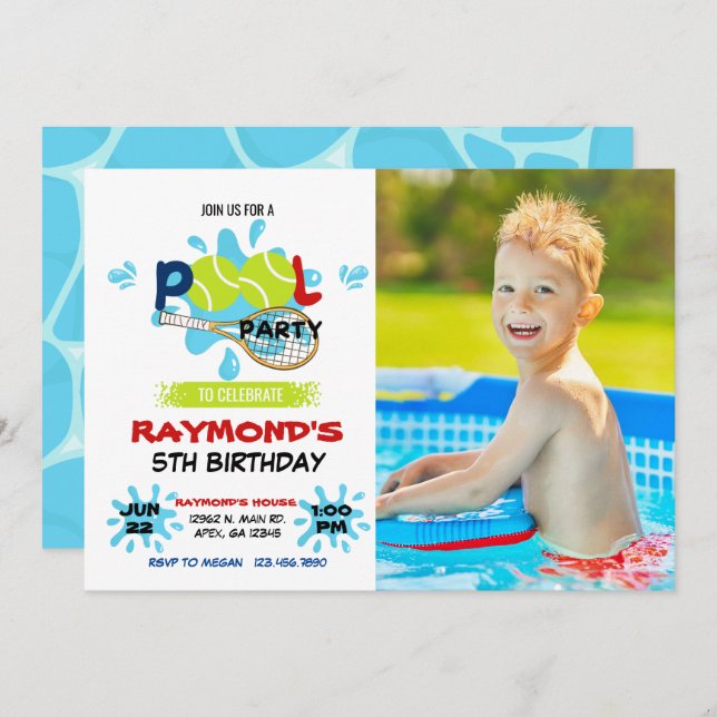 Convites Aniversário do Partido da Piscina de Foto Tênis (Frente/Verso)