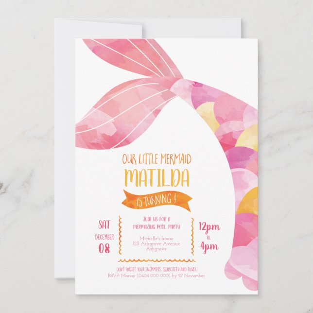 Convites Aniversário do Partido da Piscina de Sereia Laranj (Frente)