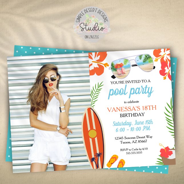 Convites Aniversário do Partido da Piscina Tropical de Foto (modern trendy pool party invitation for birthday or graduation celebration)