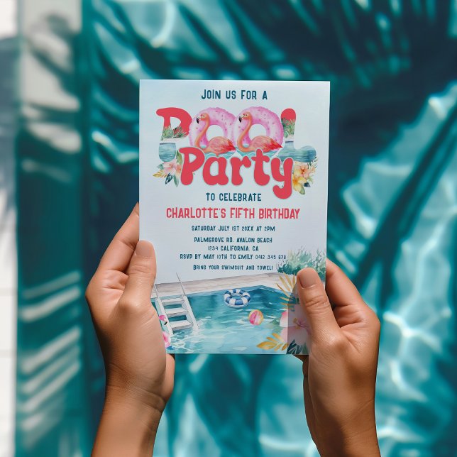 Convites Aniversário do Partido da Piscina Tropical Flaming (Pool Party Flamingo tropical Pool Birthday Party, Summer Swimming Party Birthday Party Invitation)