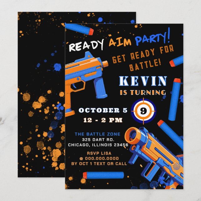 Convites Aniversário do Partido de Batalha do Kids Dart (Frente/Verso)