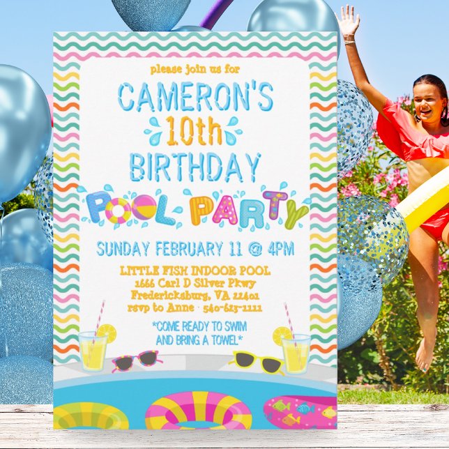 Convites Aniversário do Partido de Piscinas Coloridas (Colorful Girls Splash Pool Party Birthday Invitation)