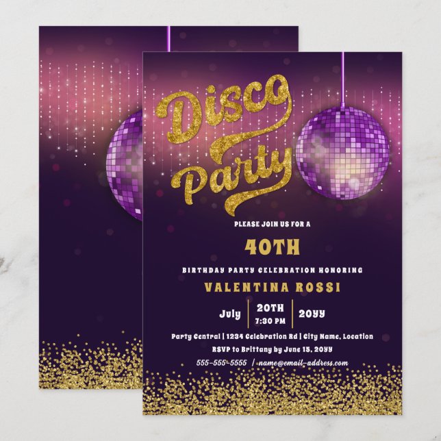 Convites Aniversário do Partido Disco Roxo Dourado (Frente/Verso)