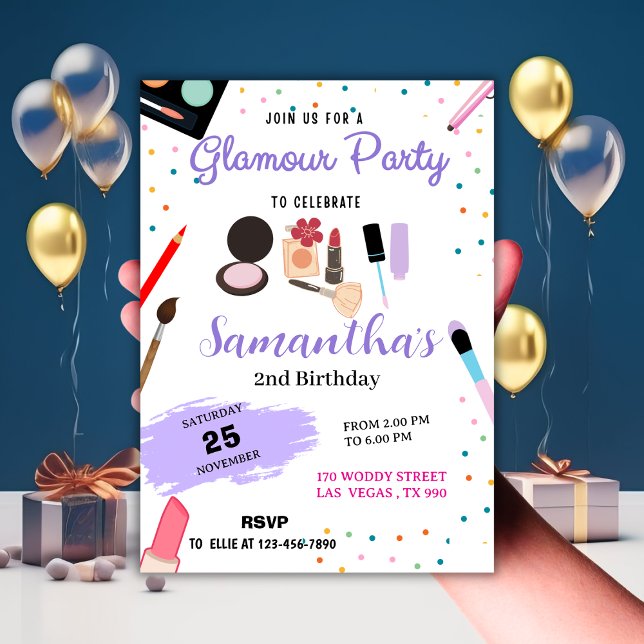 Convites Aniversário do Partido Glamor Confetti & Makeup (Confetti & Makeup Glamour Party Birthday Invitation
)