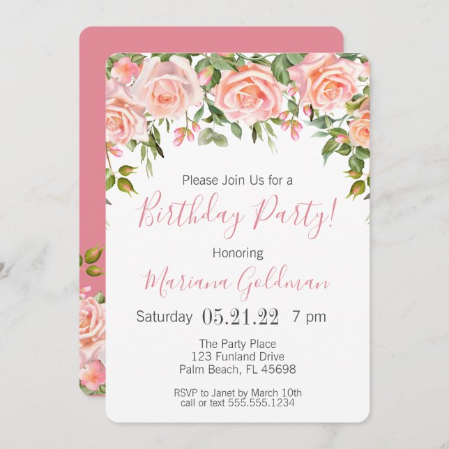 Convites Aniversário do Partido Moderno Floral Rosa (Frente/Verso)