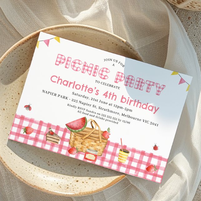Convites Aniversário do Partido Picnic das Meninas de Xadre (Girls Pink Picnic Party Birthday Invitation, Summer Outdoor Birthday Party, Picnic Basket, Gingham)