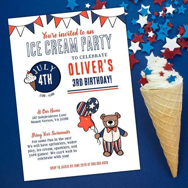 Convites Aniversário do Partido Sorvete do Urso Patriótico (July Birthday Ice Cream Party Invitaiton)