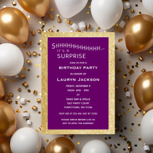 Convites Aniversário do Partido Surpresa de Roxo e Dourado