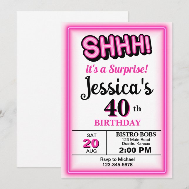 Convites Aniversário do Partido Surpresa Rosa Quente (Frente/Verso)