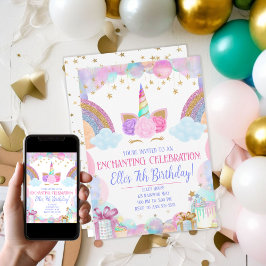 Convites Aniversário do Pastel Rainbow Unicorn Girls