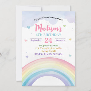 Convites Aniversário do Pastel Rainbows e Hearts