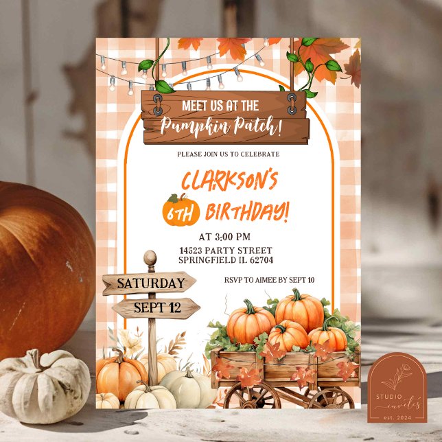 Convites Aniversário do patch de abóbora xadrez laranja  (Criador carregado)