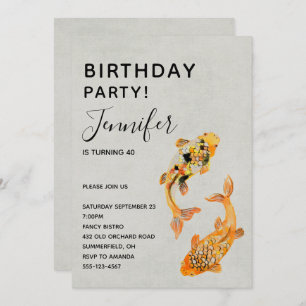 Convites Aniversário do Peixe Koi, na moda Dourado