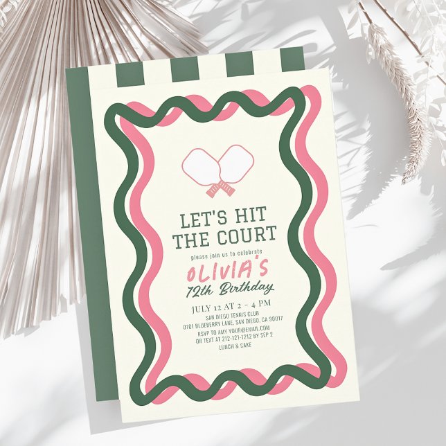 Convites Aniversário do Pickleball Pink & Green Wavy Frame  (Criador carregado)