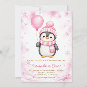 Convites Aniversário do Pingüim de Inverno Rosa Floco de Ne