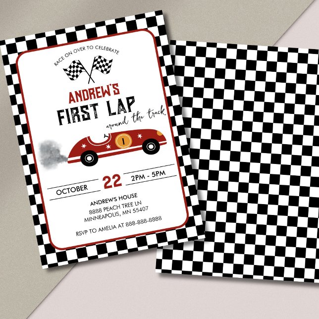 Convites Aniversário do Primeiro Volta de Carro de Corrida  (Race car first lap birthday invite with editable age and red car design)