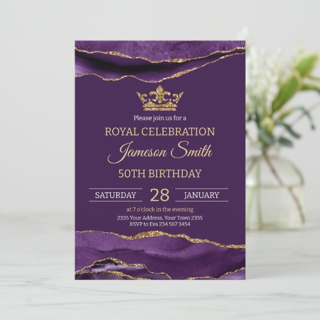 Convites Aniversário do Príncipe Roxo Dourado Real (Em pé/Frente)