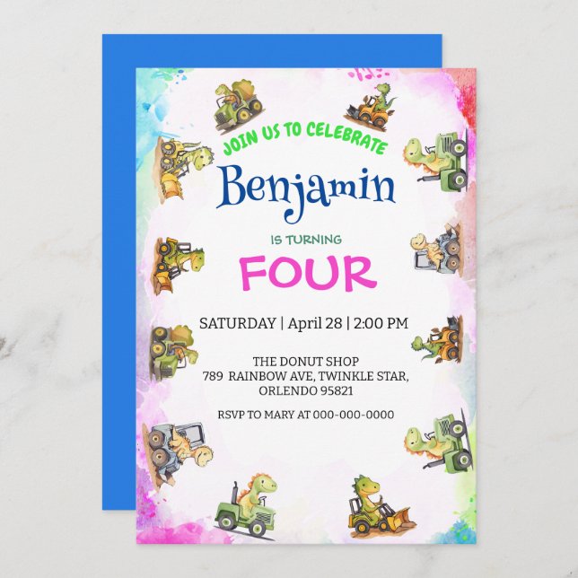 Convites Aniversário do Rainbow B2S School, trator de dinos (Frente/Verso)