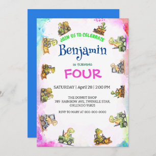 Convites Aniversário do Rainbow B2S School, trator de dinos