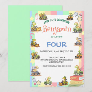 Convites Aniversário do Rainbow B2S School, trator de dinos