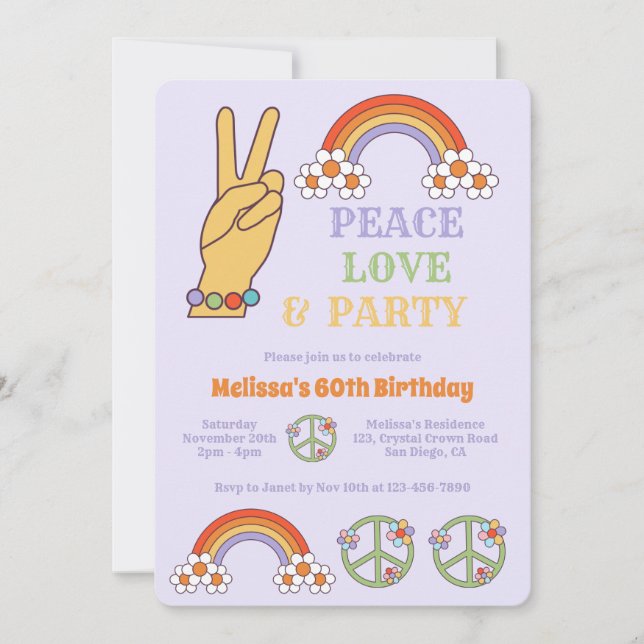 Convites Aniversário do Rainbow Retro Hippie Peace Love Par (Frente)
