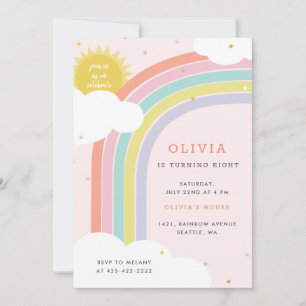 Convites Aniversário do Rainbow, Sun e Clouds Kid Rosa1