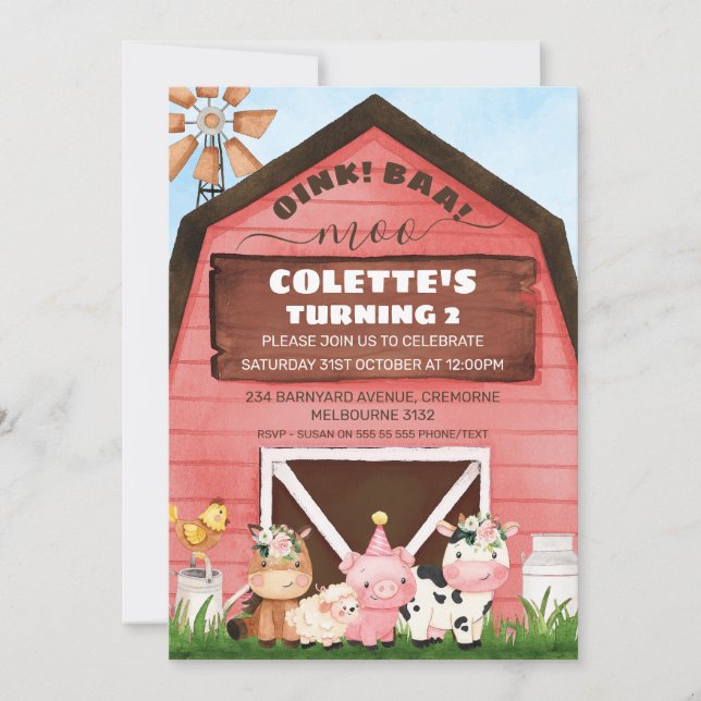 Convites Aniversário do Red Barn Oink Baa Moo Farm (Frente)