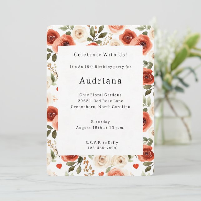 Convites Aniversário do Red Cream Hearts and Flowers (Em pé/Frente)