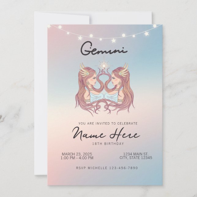 Convites Aniversário do Signo de Gêmeos no Zodíaco (Frente)