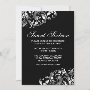 Convites Aniversário do Silver e do Black Swirl Flourish S