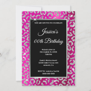 Convites Aniversário do Silver Leopardo Glitter Rosa Quent