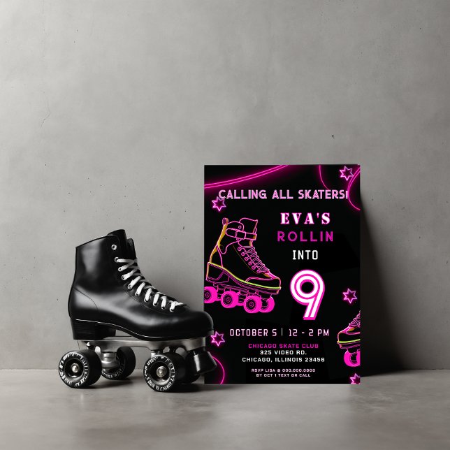 Convites Aniversário do Skate do cilindro de brilho Neon re (Retro Pink Neon Glow Roller Skate Birthday Invitation)