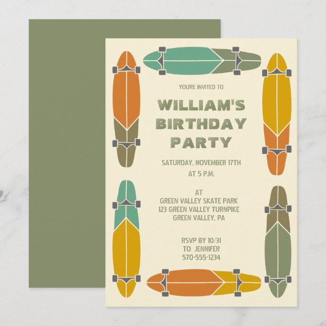 Convites Aniversário do Skateboard de Painéis Retro (Frente/Verso)