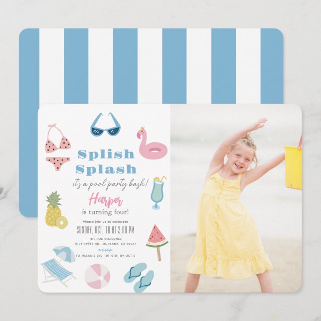 Convites Aniversário do Splash Splash Piscina Party Girl (Frente/Verso)