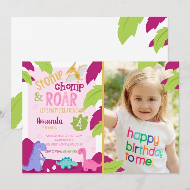 Convites Aniversário do Stomp & Roar Dinossauro (Frente/Verso)